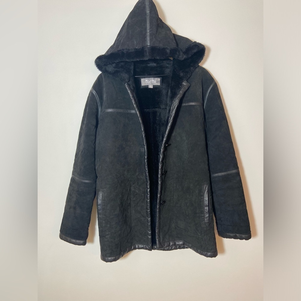 Wilson's Leather Suede Black Women's Coat with Faux Fur Lined Hood Sz S Heavy